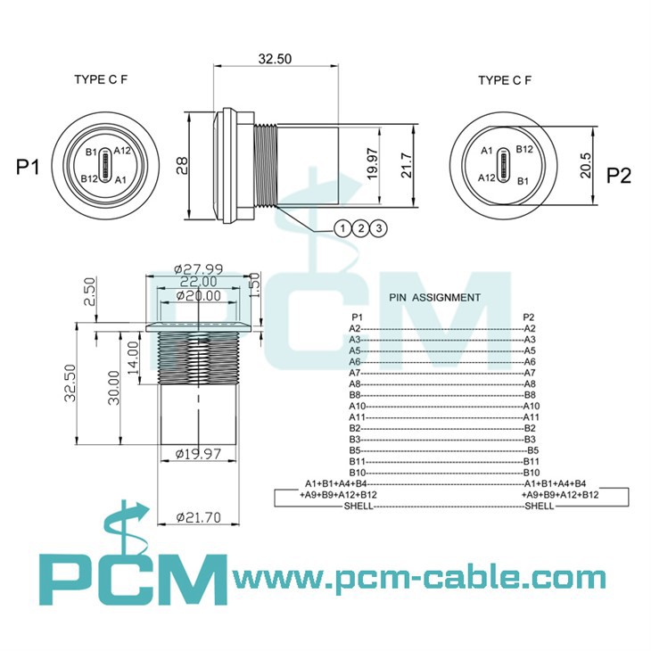 drawing dimensions cutout size of USB C Jack to USB C Jack Round Panel Mount Adapter