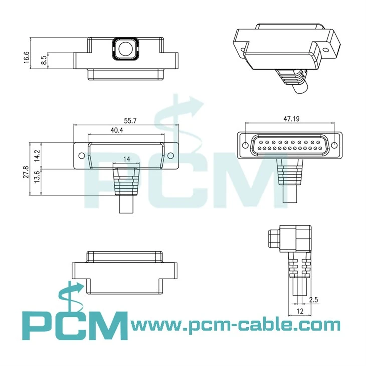 dimensions of DB25 Male to Female extension cable right angled