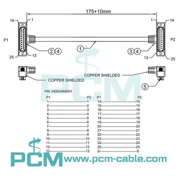 pin assignment pin map drawing of Low Profile DB25 cable D-sub 25 Pin Male to Female Right Angled