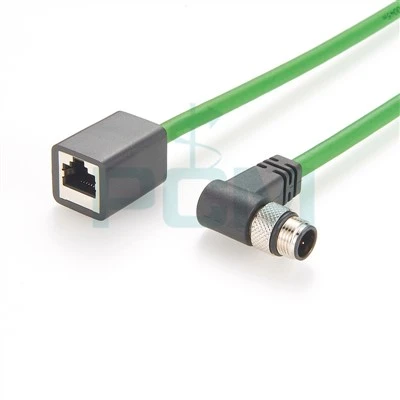M12 D कोड 4 स्थिति दायां कोण पुरुष से RJ45 महिला केबल प्रोफिनेट केबल 22 AWG फ़ॉइल शील्डेड