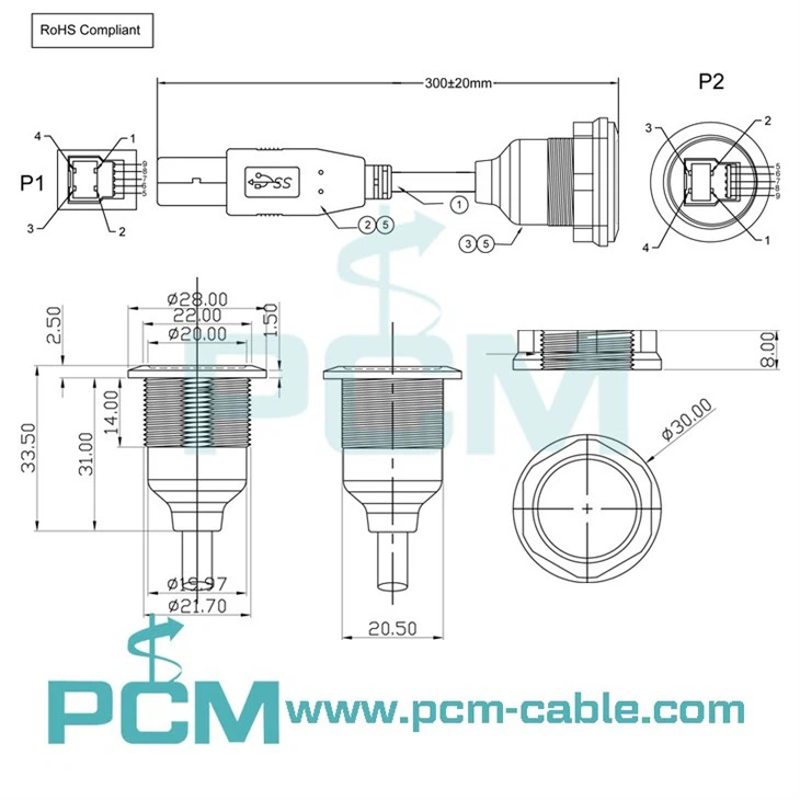 drawing dimensions cutout size of USB 3.0 type B round panel mount extension cable